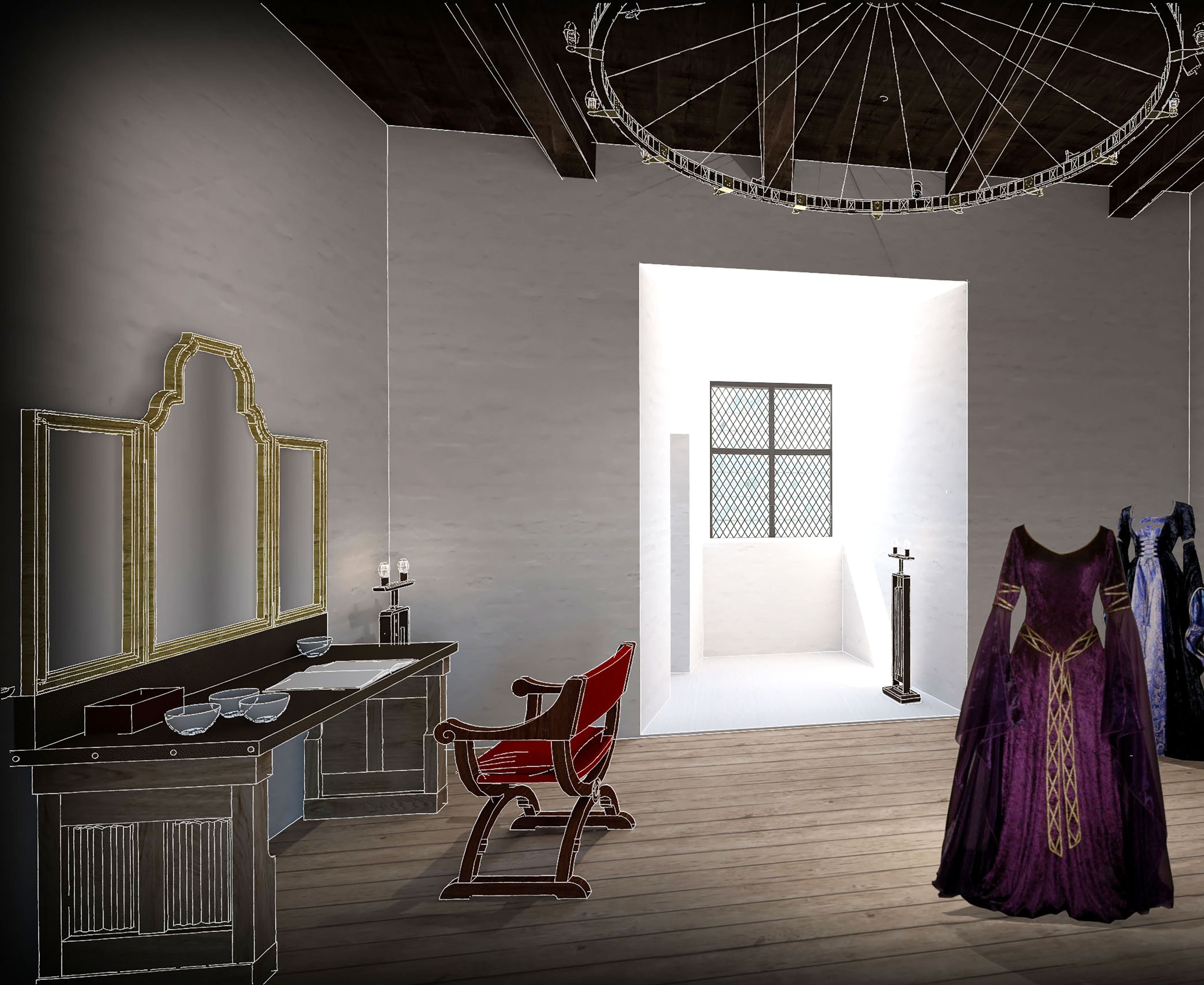 En visualisering inde fra slottet udarbejdet af Moesgaards udstillingstegnestue