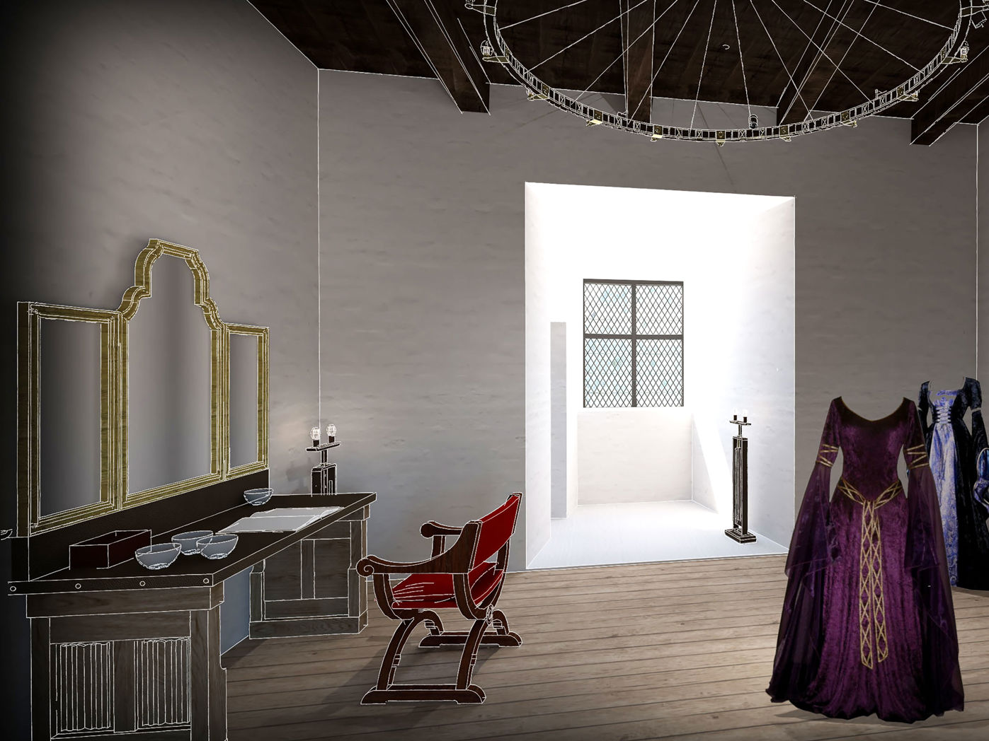 En visualisering inde fra slottet udarbejdet af Moesgaards udstillingstegnestue