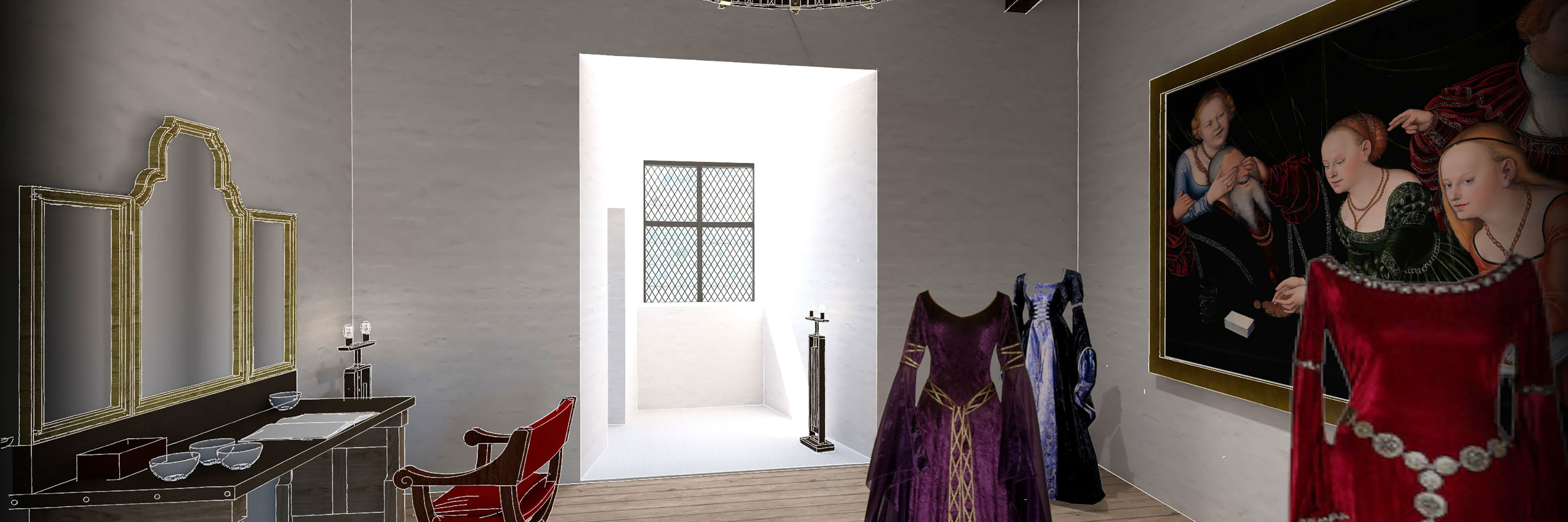 En visualisering inde fra slottet udarbejdet af Moesgaards udstillingstegnestue