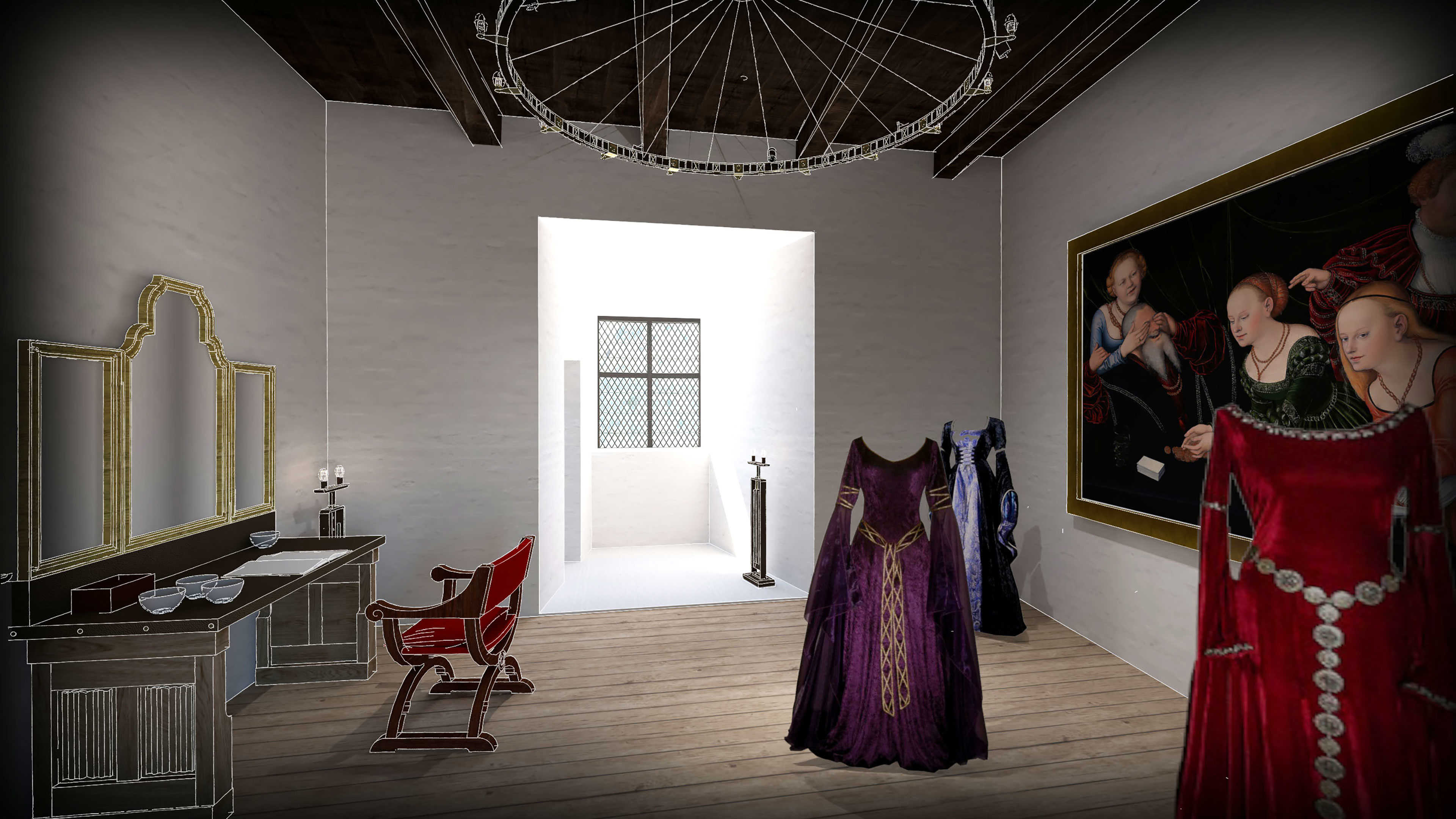 En visualisering inde fra slottet udarbejdet af Moesgaards udstillingstegnestue